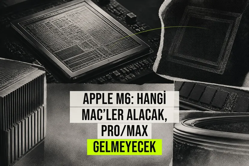 Yeni Mac mini ile tanıtılan Apple M6 çipi logosu ve arka planda M5 Pro çipli MacBook Pro modelleri karşılaştırması.