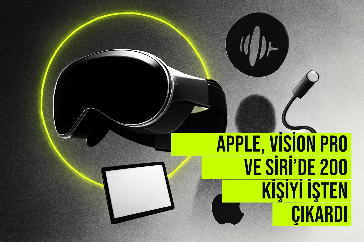 Apple Vision Pro ve Siri ekiplerinden 200 çalışanın işten çıkarıldığını simgeleyen ofis ve logo görüntüsü