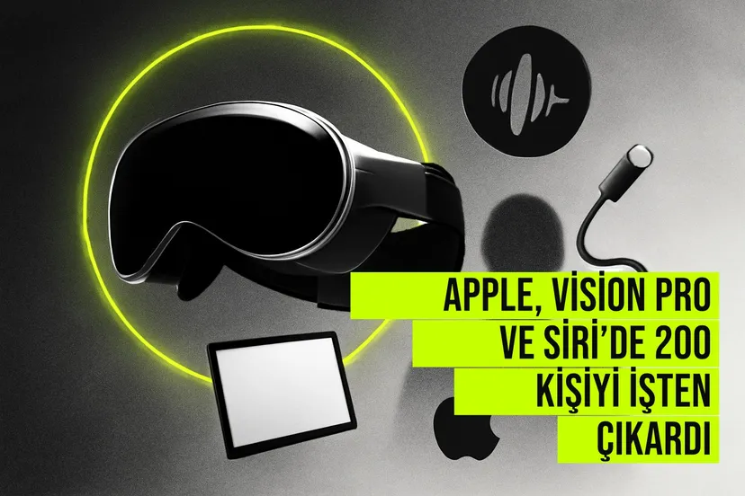 Apple Vision Pro ve Siri ekiplerinden 200 çalışanın işten çıkarıldığını simgeleyen ofis ve logo görüntüsü