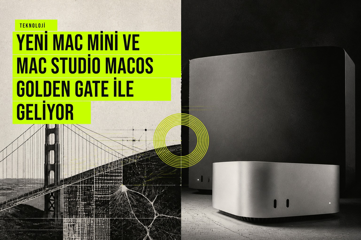 Yeni Mac mini ve Mac Studio masaüstü bilgisayarları, macOS Golden Gate işletim sistemi logosu ile birlikte sergileniyor.