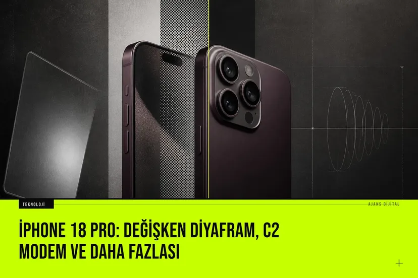 iPhone 18 Pro'nun değişken diyaframlı kamera modülü ve küçülen Dynamic Island tasarımını öne çıkaran kavramsal tasarım görseli.