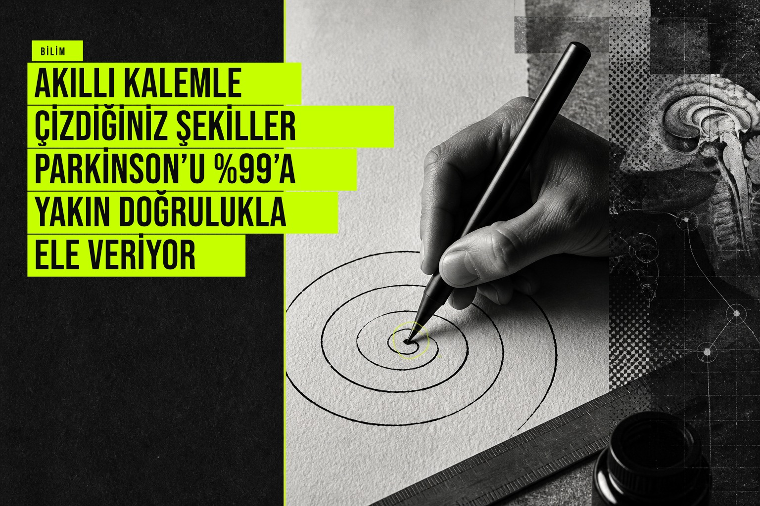 Akıllı kalemle çizilen spiral ve zikzaklar, Parkinson belirtilerini analiz eden yapay zekâ sistemiyle değerlendiriliyor.