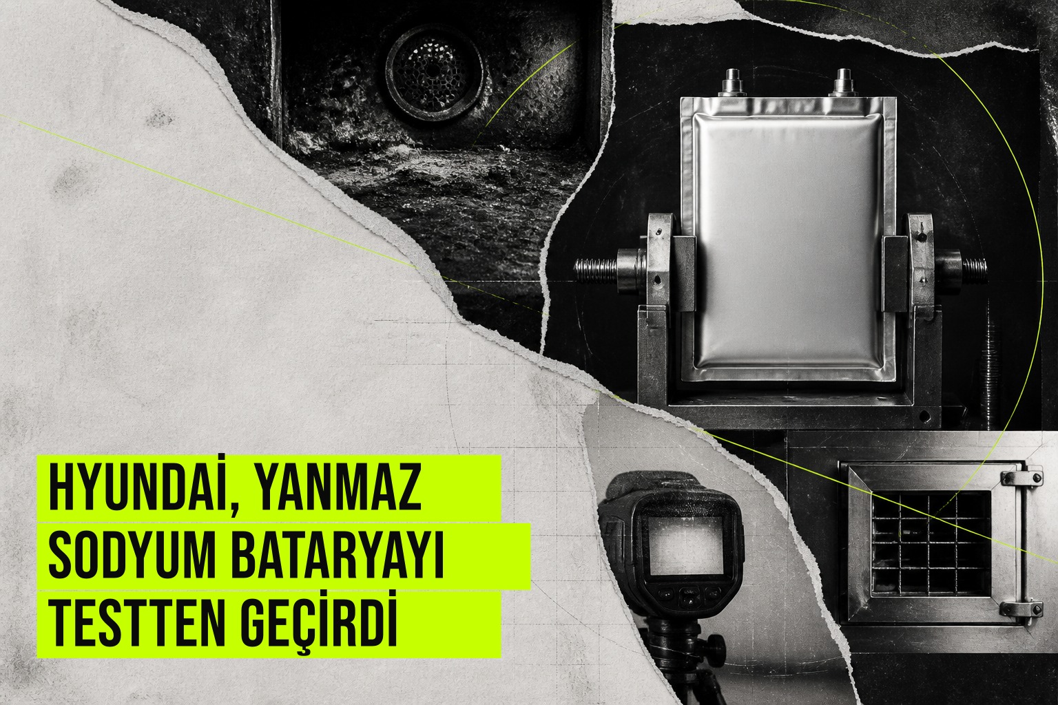 Hyundai laboratuvarında UNIGRID sodyum krom oksit batarya hücrelerinin güvenlik testleri sırasında yangın ve termal yayılma olmaması sonucu başarıyla geçtiği görüntüleniyor