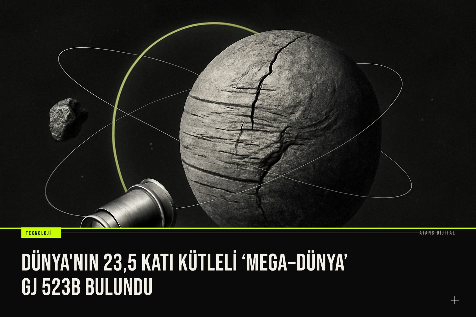 GJ 523b adlı 23,5 kat Dünya kütlesinde yoğun kayalık bir mega Dünya, kısa yörüngesinde yıldızına yakın bir çizim.