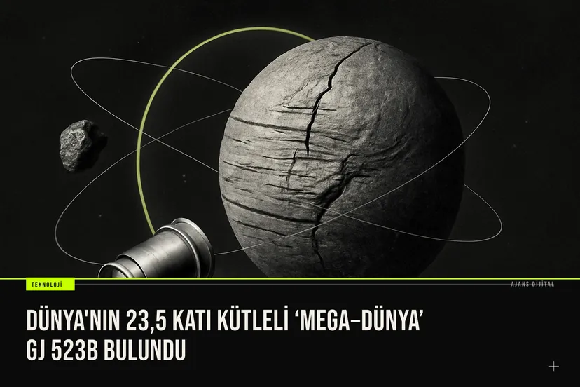 GJ 523b adlı 23,5 kat Dünya kütlesinde yoğun kayalık bir mega Dünya, kısa yörüngesinde yıldızına yakın bir çizim.