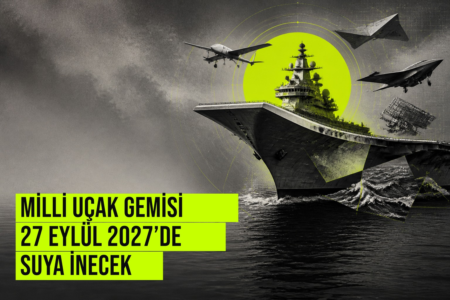 Türkiye’nin Milli Uçak Gemisi MUGEM’in planlanan denize indirme sürecini ve modern STOBAR tasarımını vurgulayan teknik bir görünüm