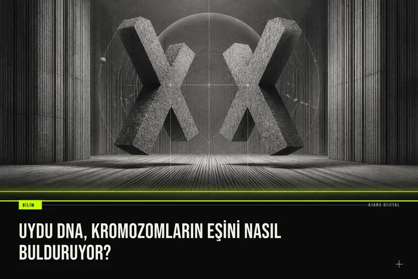 Meyve sineğinde uydu DNA bölgelerinin kromozom çiftlerini barkod gibi işaretleyerek doğru eşleşmeyi sağladığını anlatan bilimsel şema