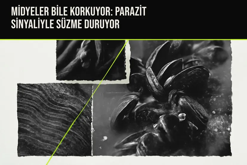 Parazit tehdidini algılayan mavi midyelerin suyu süzme hızını azaltmasını anlatan bilimsel bir illüstrasyon
