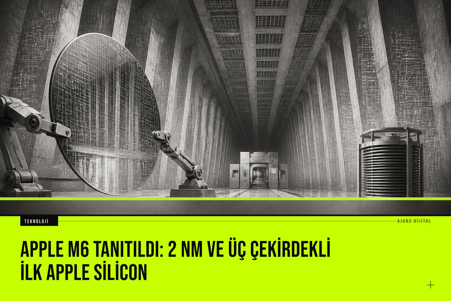 Apple M6 yonga seti tanıtımında 2 nanometre üretim teknolojisi ve üç çekirdekli mimariyi vurgulayan resmi görsel.