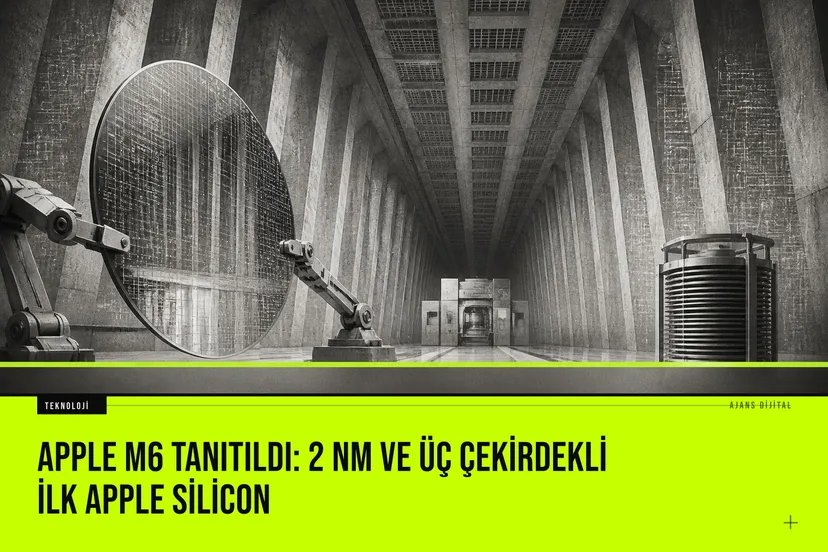 Apple M6 yonga seti tanıtımında 2 nanometre üretim teknolojisi ve üç çekirdekli mimariyi vurgulayan resmi görsel.