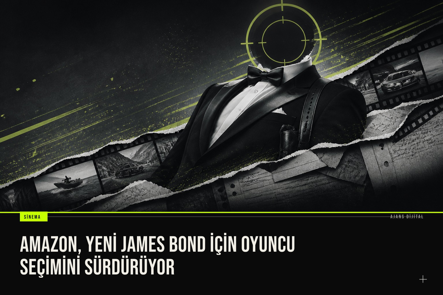 James Bond karakterinin silüeti ve Amazon Studios logosu yan yana, yeni oyuncu aramasını simgeliyor.
