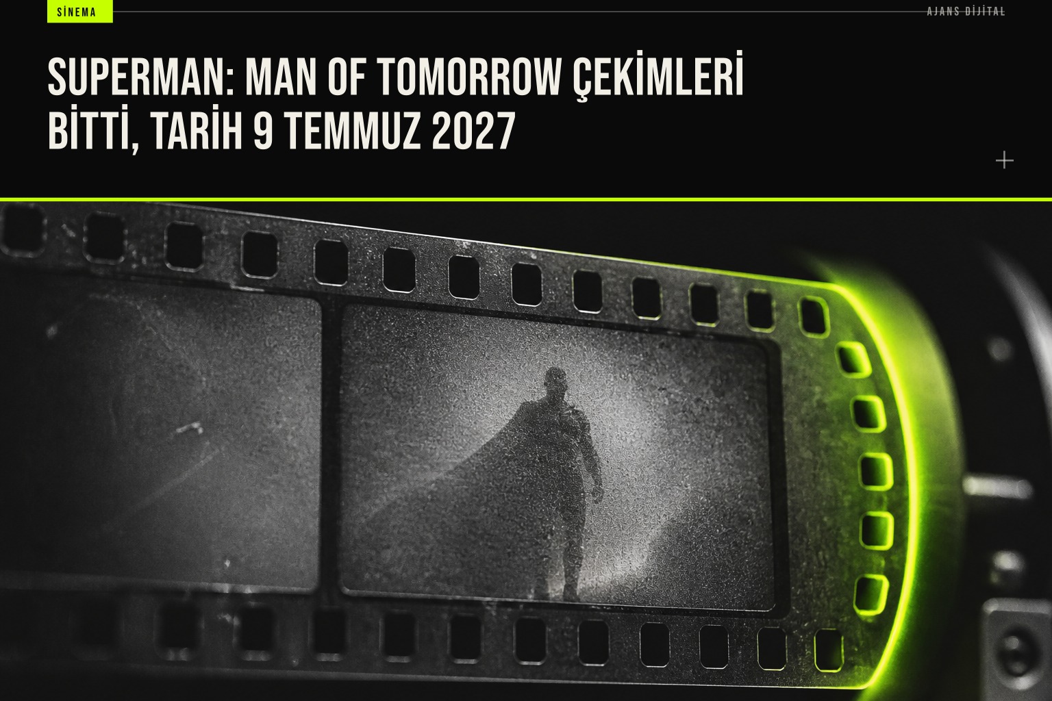 James Gunn, Superman: Man of Tomorrow filminin çekimlerinin bittiğini duyururken logosu ve 9 Temmuz 2027 vizyon tarihi görünüyor.