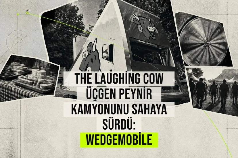 The Laughing Cow markasının üçgen peynir şeklinde Wedgemobile kamyonu Minneapolis Uptown Art Fair'de ziyaretçilere peynir tadımı ve hediyeler sunuyor.