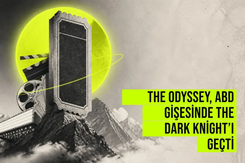 Christopher Nolan'un yeni filmi The Odyssey'nin ABD gişe rekorlarını kırması ve The Dark Knight'ı geçmesi anını simgeleyen afiş veya kare.