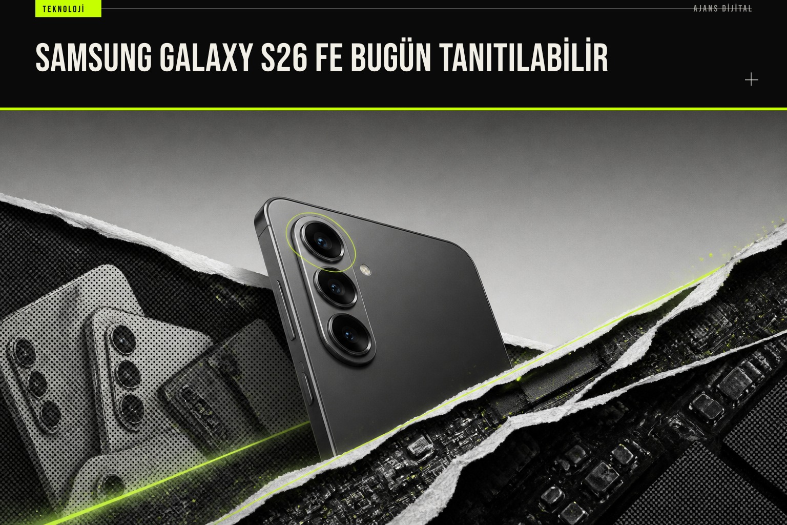 Samsung Galaxy S26 FE akıllı telefonu Unpacked etkinliğinde sahnelenirken yeni kamera modülü ve ince çerçeveli ekran tasarımı öne çıkıyor.