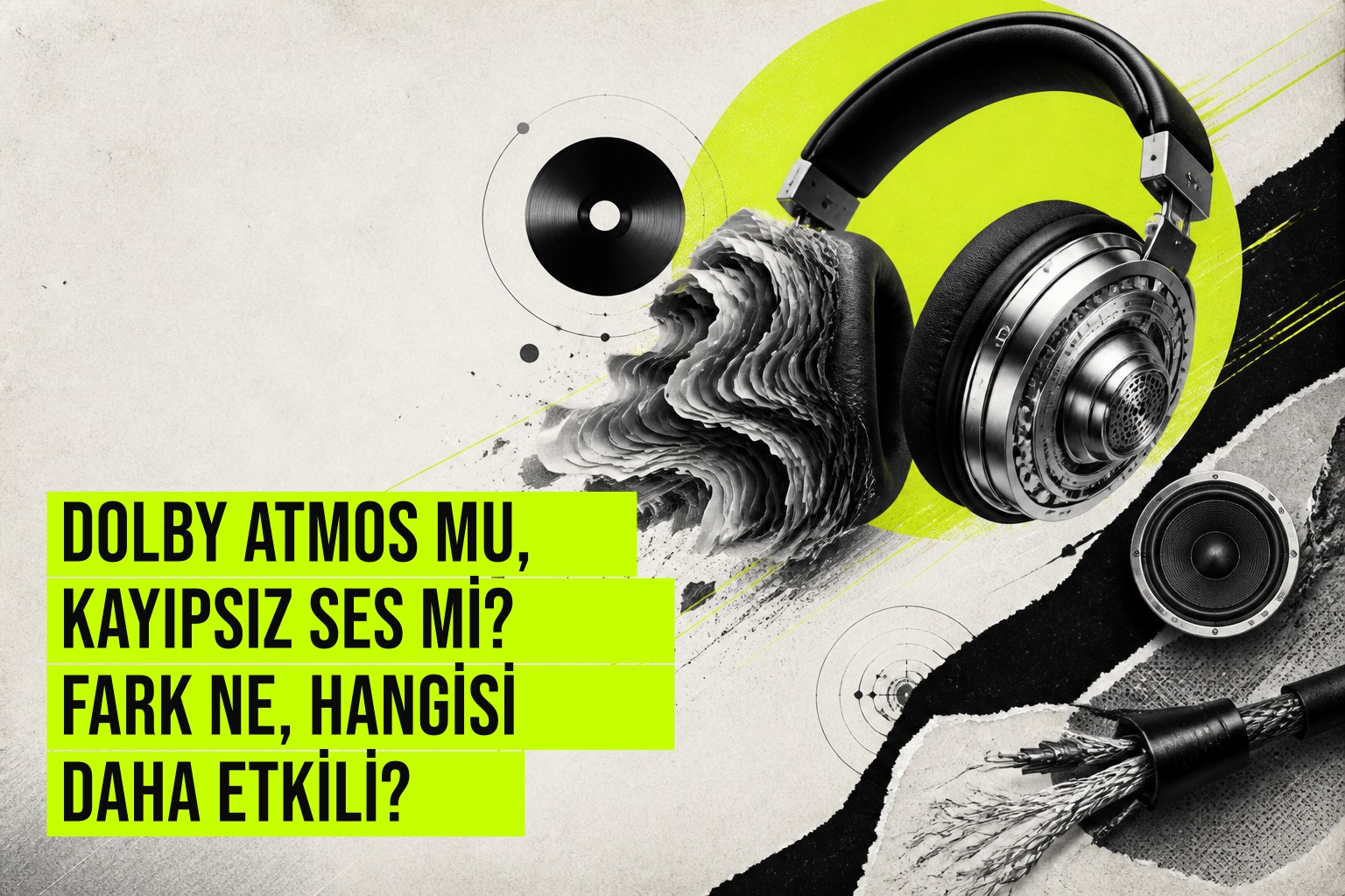 Dolby Atmos ve Kayıpsız ses formatlarını karşılaştıran infografik, uzamsal ses ve yüksek çözünürlüklü müzik akışı logolarını gösteriyor.