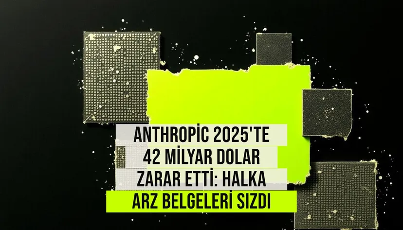 Anthropic logosu ve 42 milyar dolar zararı gösteren düşen finansal grafikler yanında Claude yapay zeka asistanı simgesi