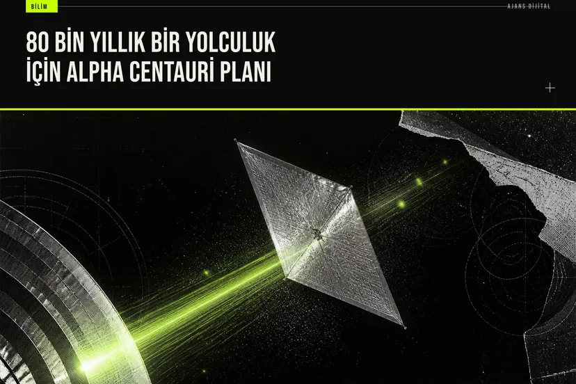 Alpha Centauri'ye 2029'da fırlatılacak Fermi Explorer uzay aracının kavramsal tasarımı ve yaklaşık 80 bin yıl sürecek yıldızlararası yolculuk planı.