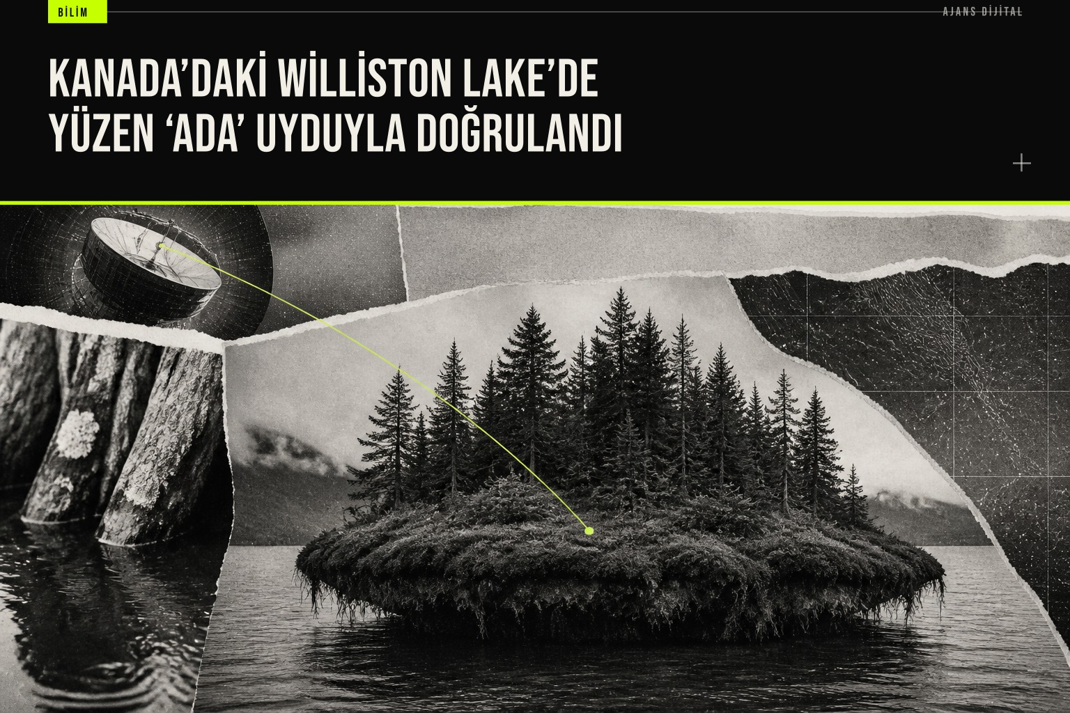Britanya Kolumbiyası’ndaki Williston Lake üzerinde ağaçlarla kaplı yüzen bir ada ve yer değiştirdiğini gösteren uydu bulguları