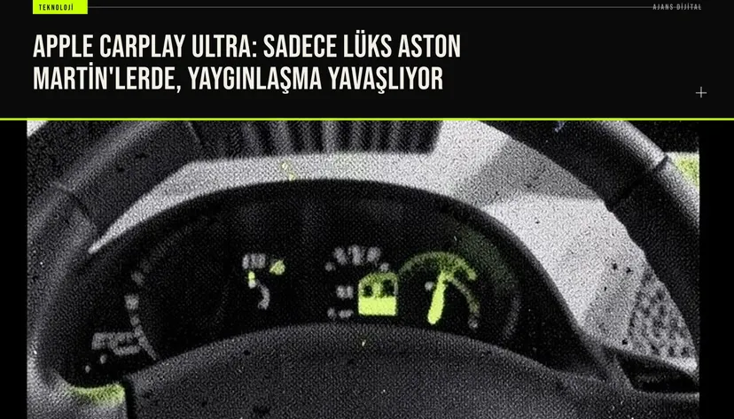 Apple CarPlay Ultra arayüzü Aston Martin iç mekanında ekranda navigasyon ve medya kontrolleri gösteriyor.