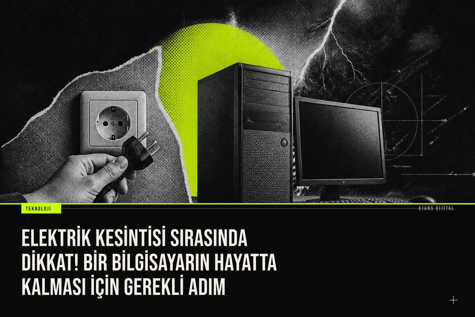 Elektrik kesintisi sırasında bilgisayarın prizden çekilerek voltaj sıçramalarına karşı korunmasını gösteren bir sahne.