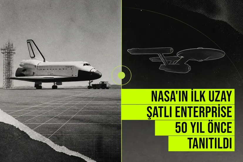 NASA'ın ilk uzay şatlı Enterprise, 1976'da Kaliforniya'daki Rockwell tesisinde tanıtılırken beyaz gövdesi ve kuyruk stabilizatörü ile duruyor.