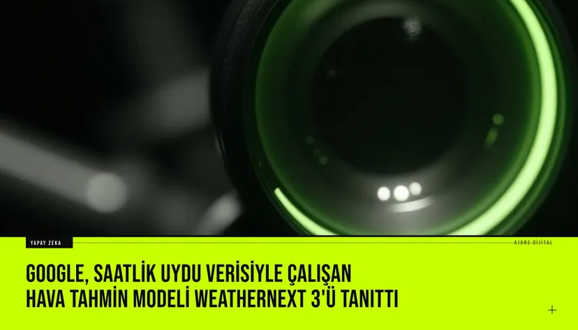 resim Google DeepMind'in saatlik uydu verisiyle çalışan WeatherNext 3 modelini gösteren küresel harita ve veri akışı görselleştirmesi
