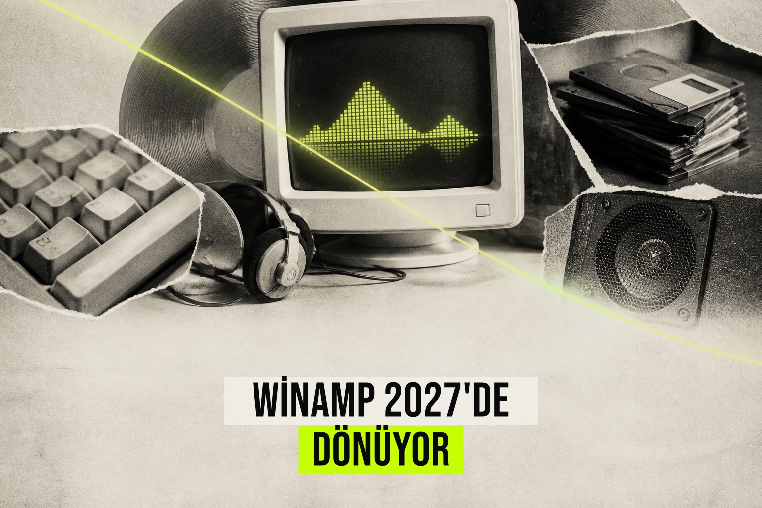 Winamp logosu ve Deezer işbirliğiyle 2027'de masaüstüne dönüşünü simgeleyen bir tasarım ve yeni abonelik modeli