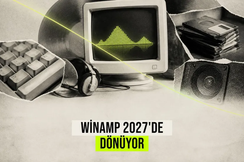 Winamp logosu ve Deezer işbirliğiyle 2027'de masaüstüne dönüşünü simgeleyen bir tasarım ve yeni abonelik modeli