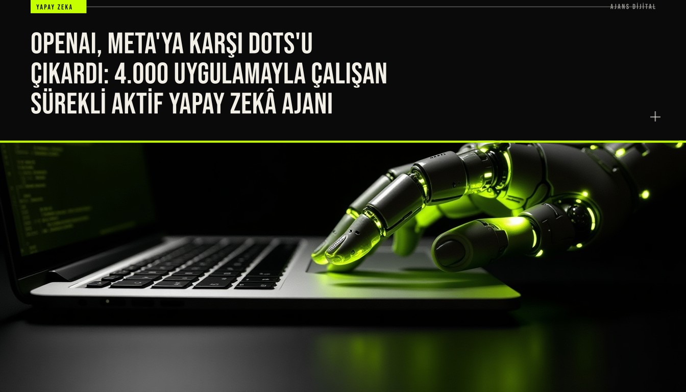 OpenAI'nin yeni yapay zeka ajanı Dots logosu ve 4000 uygulamayla entegrasyonu simgeleyen bir arayüz tasarımı.