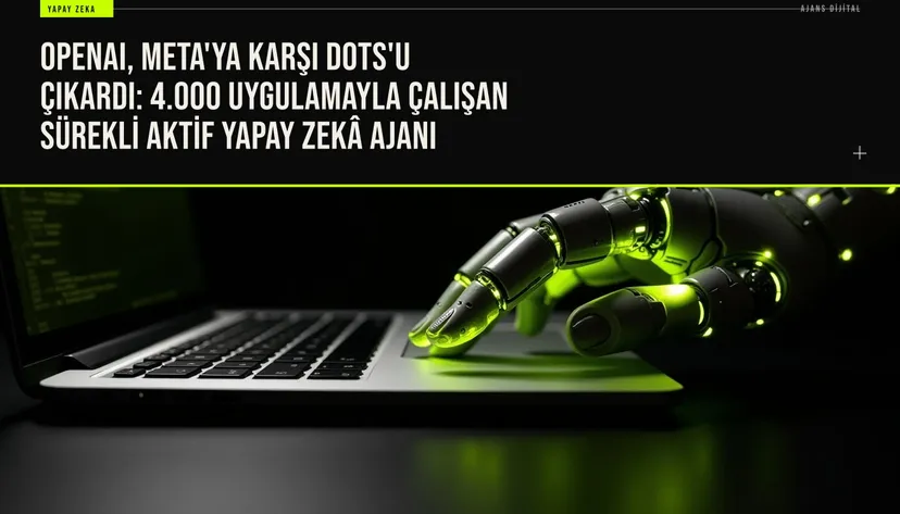 OpenAI'nin yeni yapay zeka ajanı Dots logosu ve 4000 uygulamayla entegrasyonu simgeleyen bir arayüz tasarımı.