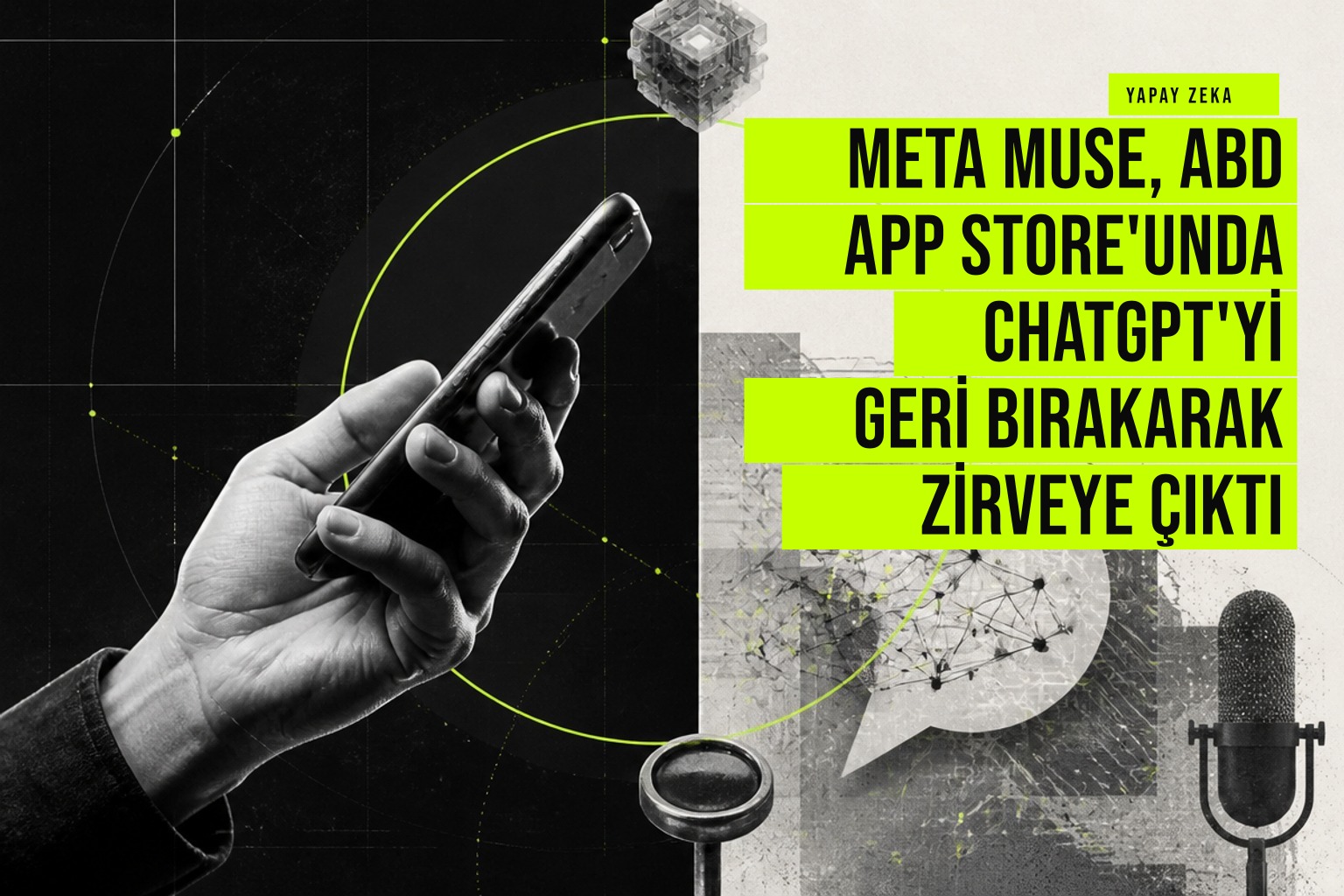 resim, iPhone ekranında Meta Muse uygulamasının renkli sohbet arayüzü ve kişiselleştirilmiş karakterleriyle gösterildiği, App Store’da ChatGPT’yi geride bırakarak birincilik kazandığı sahne.