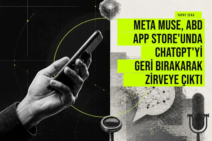 resim, iPhone ekranında Meta Muse uygulamasının renkli sohbet arayüzü ve kişiselleştirilmiş karakterleriyle gösterildiği, App Store’da ChatGPT’yi geride bırakarak birincilik kazandığı sahne.