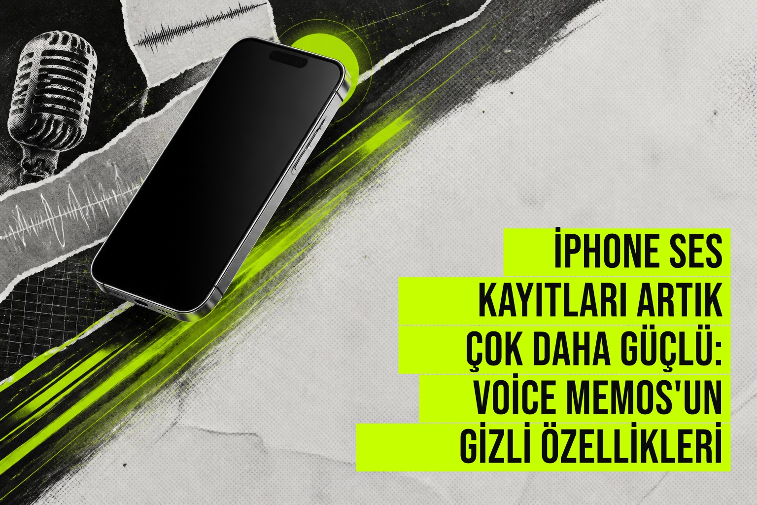 resim iPhone ekranında Voice Memos uygulamasının transkripsiyon, ses kesme ve stüdyo efekti butonlarıyla gösterilen ses kayıt arayüzü