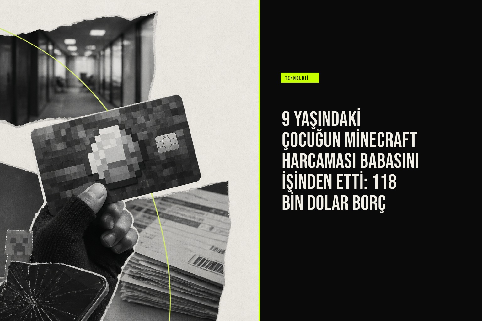 fotoğraf 9 yaşındaki bir çocuğun Minecraft oyun içi harcamaları için kullanılan şirket kartı ve ekran görüntüsü gösteriyor.