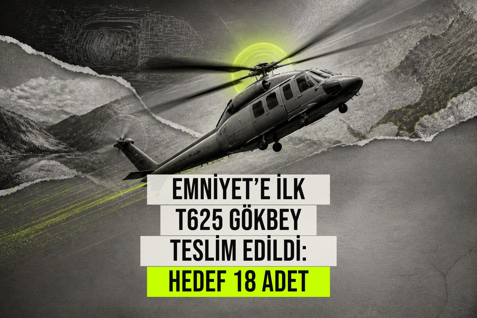 Emniyet Genel Müdürlüğü'ne teslim edilen ilk T625 GÖKBEY helikopteri, havada uçarken yan tarafında Türk bayrağı ve TUSAŞ logosu görüntüleniyor
