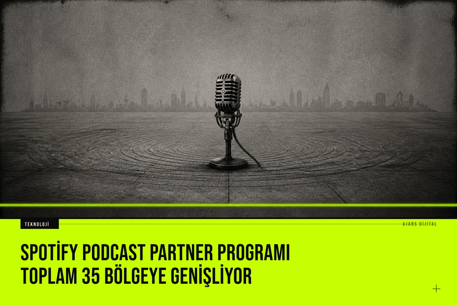 Spotify logosu ve dünya haritası üzerinde belirginleşen 35 bölgeyi gösteren podcast programı genişleme grafiği