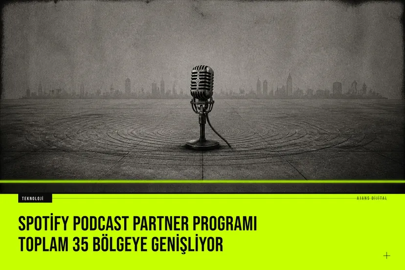 Spotify logosu ve dünya haritası üzerinde belirginleşen 35 bölgeyi gösteren podcast programı genişleme grafiği