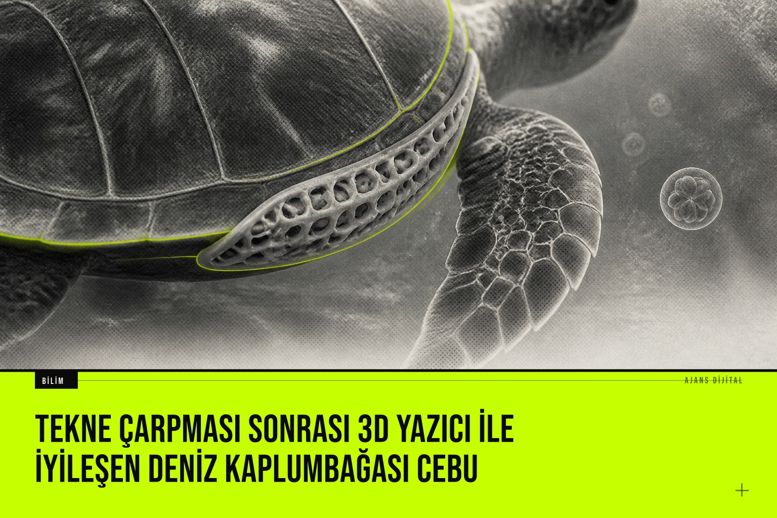 Omuriliği hasar gören yeşil deniz kaplumbağası Cebu, 3D yazılı özel hamul ve kök hücre tedavisi sayesinde yeniden yüzmeyi başarıyor.