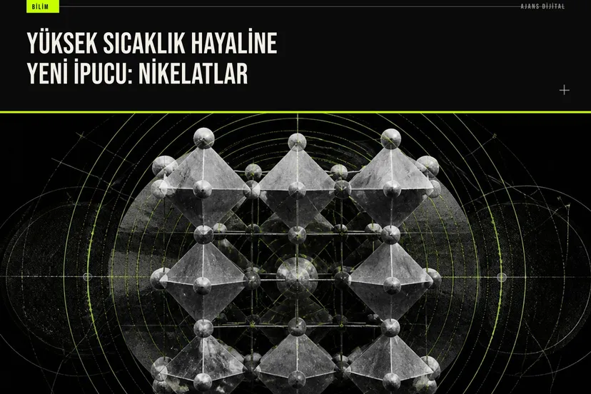 Nikelat süperiletken malzemenin kristal yapısı ve Fermi yüzey haritalarını gösteren bilimsel şema.