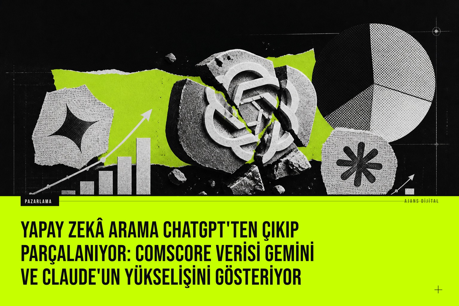 Yapay zekâ arama ChatGPT'ten çıkıp parçalanıyor: Comscore verisi Gemini ve Claude'un yükselişini gösteriyor haberi için üretilen kapak görseli