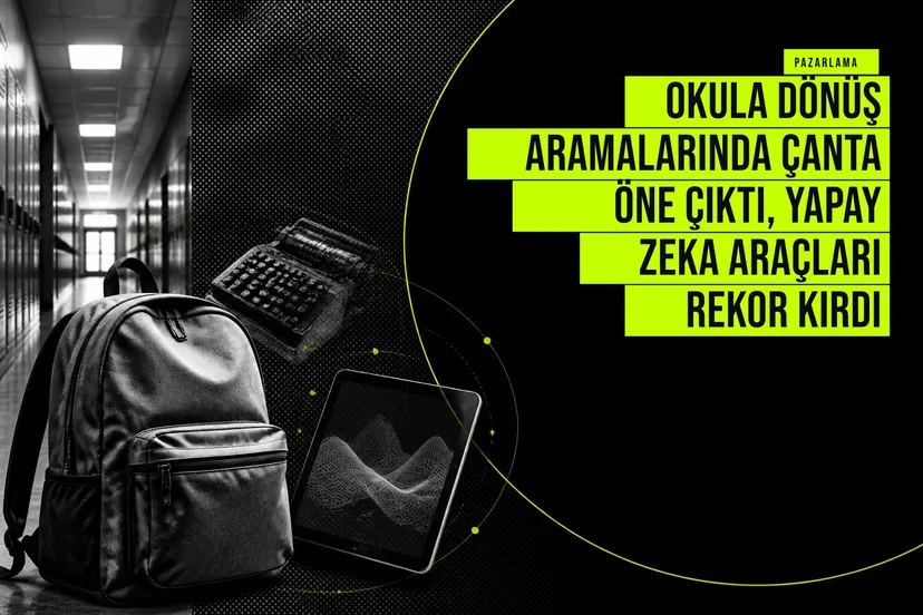 resim, okula dönüş döneminde çanta öne çıkan bir öğrenci ve yanında yapay zeka simgeleri gösteren dijital görsel