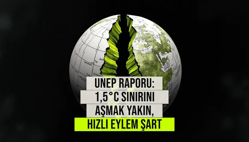 UNEP Limiting Overshoot raporu kapak sayfası, 1,5 derece küresel ısınırma hedefinin aşıldığını ve acil iklim eylemi çağrısını gösteren grafiklerle birlikte.
