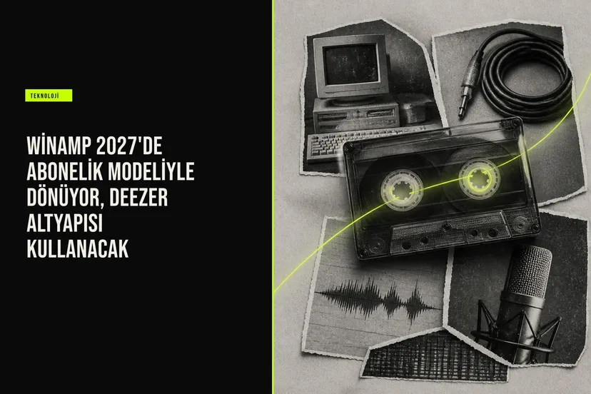 resim Winamp 2027 masaüstü arayüzü, Deezer altyapısı simgesi ve abonelik planı gösteren ekran görüntüsü