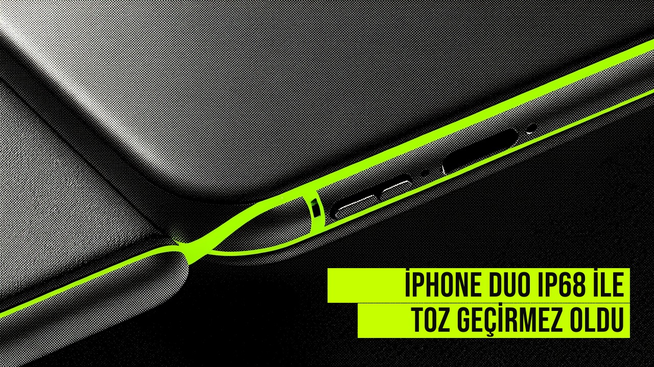 resim iPhone Duo modelinin yan ve arka görünümlü fotoğrafı, IP68 toz ve su geçirmez özelliğini vurgulayan bir kapak görseli