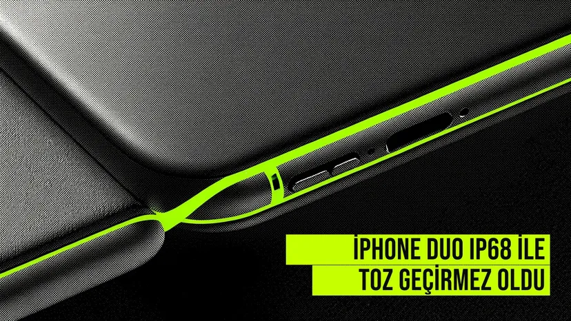 resim iPhone Duo modelinin yan ve arka görünümlü fotoğrafı, IP68 toz ve su geçirmez özelliğini vurgulayan bir kapak görseli