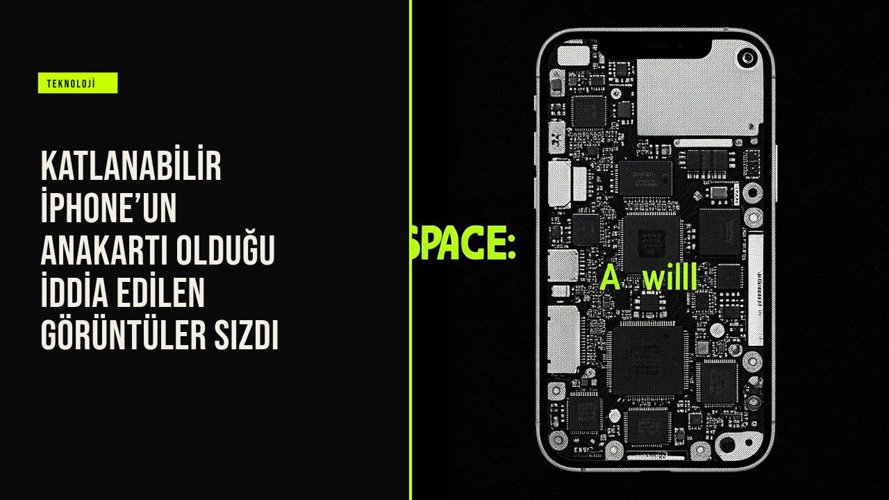 İddialı katlanabilir iPhone anakartının detaylı görüntüsü, devre elemanları, bağlantı noktaları ve bileşenleri gösteriyor