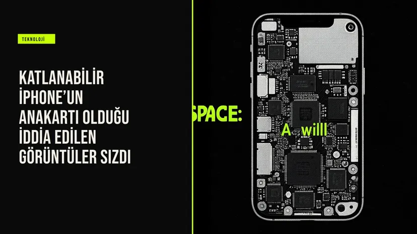 İddialı katlanabilir iPhone anakartının detaylı görüntüsü, devre elemanları, bağlantı noktaları ve bileşenleri gösteriyor