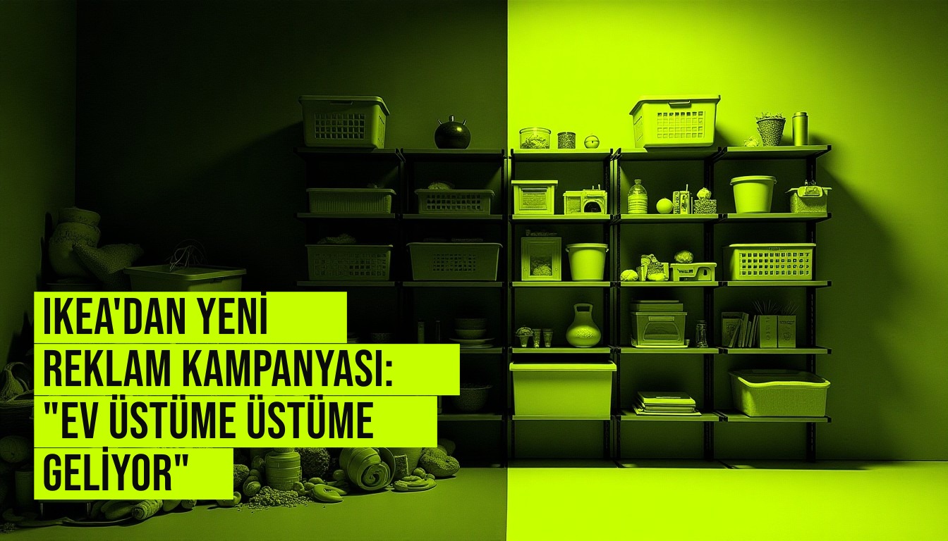 IKEA'nın "Ev Üstüme Üstüme Geliyor" kampanyasından kareler, dağınık mutfak, salon ve yatak odalarında akıllı saklama çözümlerini sergileyen sahneler.