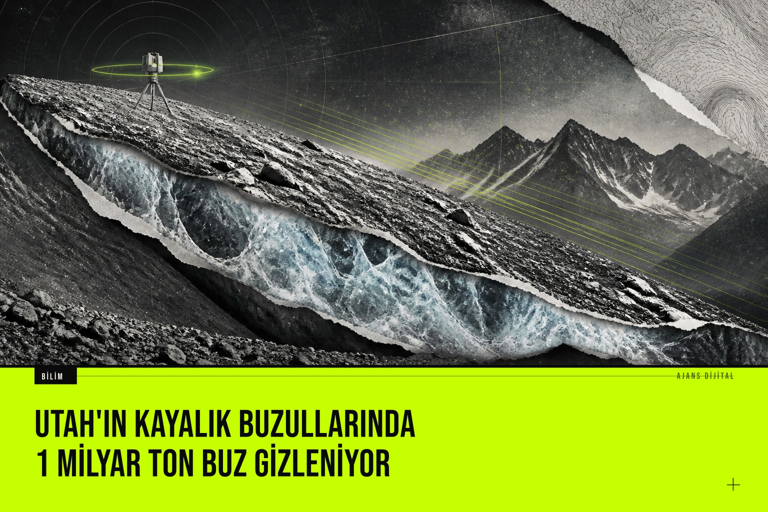 Utah'ın Timpanogos Buzulu'nda gravimetre cihazlarıyla buz kalınlığı ölçen bilim insanları ve kayalık buzulların geniş manzarası.